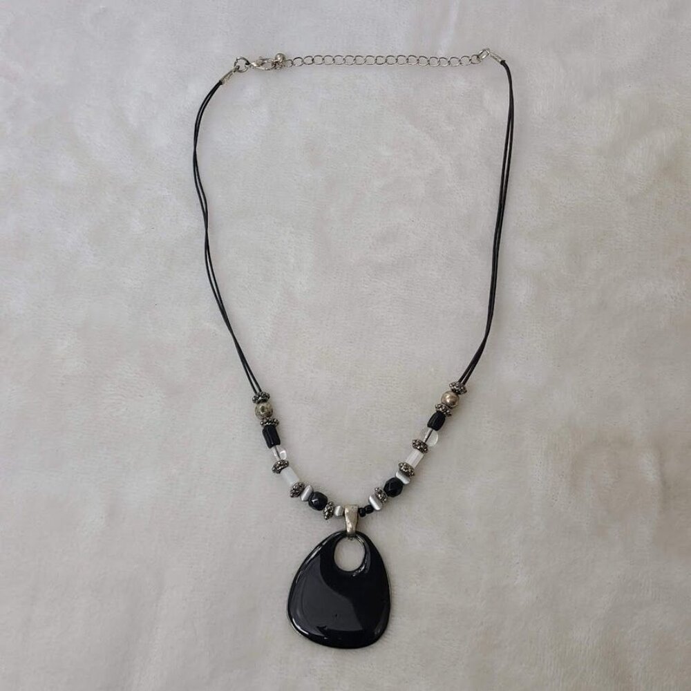 Beaded Black Pendant Statement Necklace  Adjustable Chain Silver-Tone Accents - Picture 2 of 11